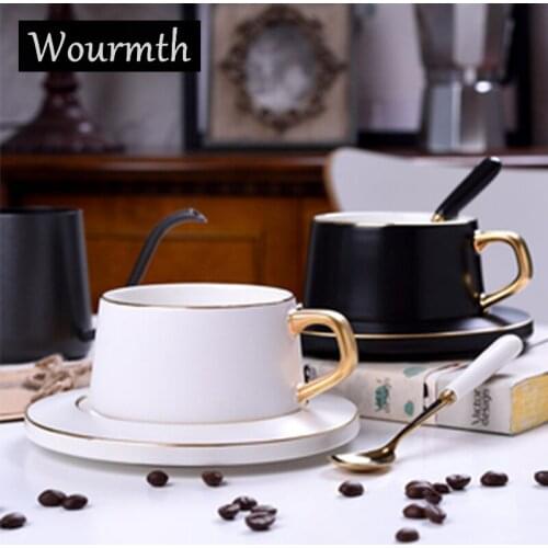 Wourmth Nordic Style Matte Coffee Cup Saucer Black and White Luxury Gold Series Ceramic Coffee Milk Tea Cup Dpoon Drinkware Gift