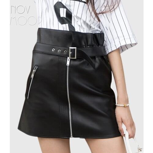 American style women black genuine leather skirt high waist sheepskin mini A-Line skirt belt design faldas jupe saia etek LT1565