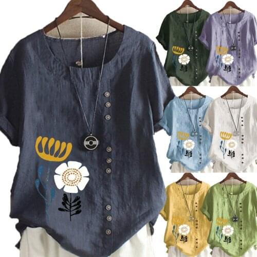 Womens Fashion Linen Shirt Flowers Printed T-shirt Summer Short Sleeve Tops O-neck Loose Blouse S-5XL