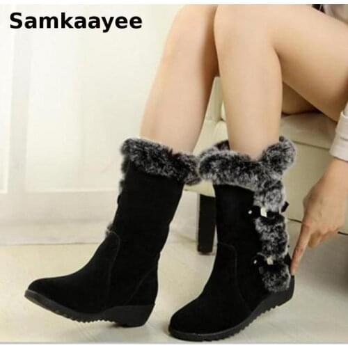 Size 35-40 Women Boots Winter Female Snow Botas Mujer Wedges Add Wool Fur Shoes Ankle Solid Non-Slip Warm Thigh High Booties y40