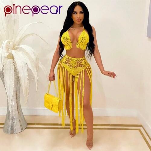PinePear Crochet Hand Knitted 2 Two Piece Bikini Sets Summer Swimsuit for Women Bra Top Tassel Maxi Skirt Holiday Beach Outfits
