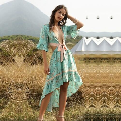 2021 New Womens Sexy Ladies Summer Vintage Print Dress Ladies Flare Sleeve Ruffles V Neck Irregular Lace Up Dress