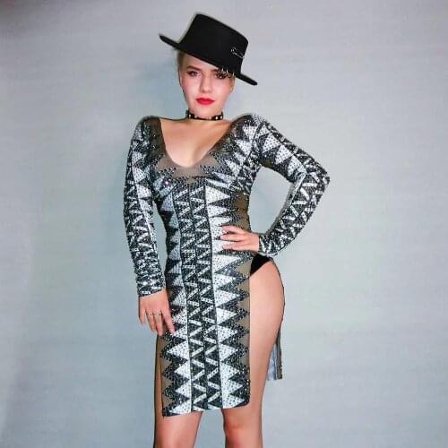 Women Singer Dress Long Sleeves Outfit Prom Birthday Celebrate Nightclub Stage Dress Black White Rhinestones Short Dress