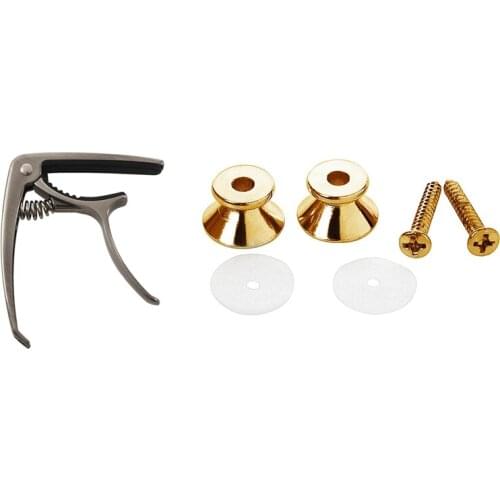 1x 2-In-1 Aluminum Single-Handed Guitar Capo with Bridge Pin Puller & 2 x Guitar Strap Button Screw Lock Pins Pegs Pads