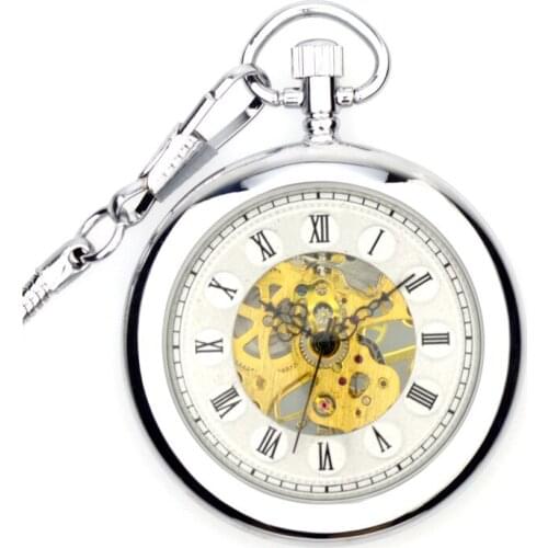 2019 Hot Sale Retro Two Colors Skeleton Mechanical Pocket Watch for Men Women FOB Chain Hand Winding Full Steel Pocket Watch