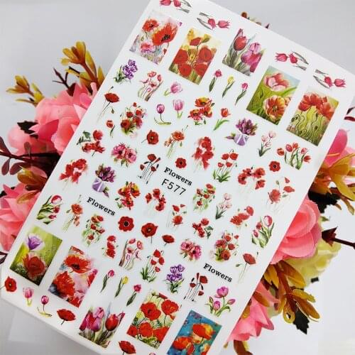 Fashion 3D Nail Sticker Foil Red Rose Flowers Tulip Sliders Nail Art Decoraciones Self Adhesive Design Manicure Accesorios