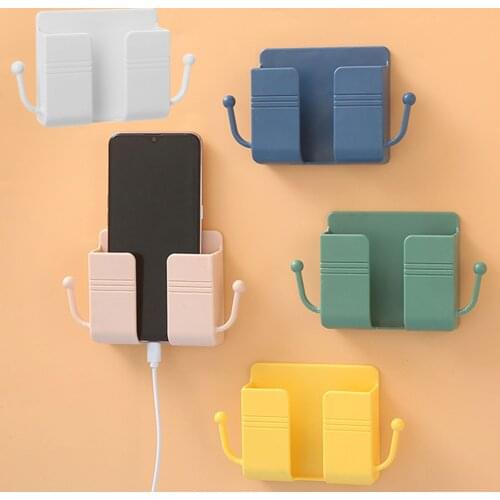 5pcs Wall-Mounted Organizer Rack Phone Holder Multifunction Remote Control Charging Storag with 2 Hooks Self-Adhesive Punch Free