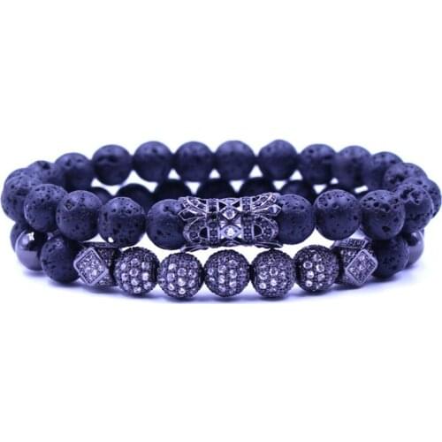 8mm 2PCS/Set gd432 gelastic adjusted nature black stone volcanic lava micro pave cz zircon cubic zirconia tube Bracelet