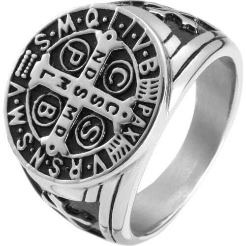 USA Size 7-15 Cool ST.BENEDICT 316L Stainless Steel Ring Fade-Free Fashion Saint Cross Men Jewelry