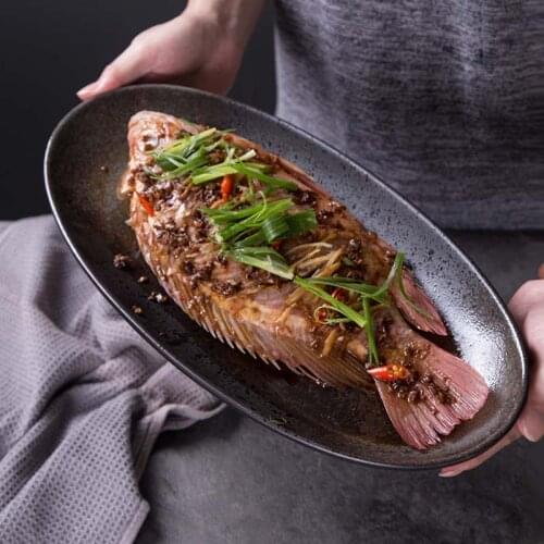 Large ceramic fish plate oval plate household dish plate kiln change plate steamed fish plate large size serving restaurant tabl
