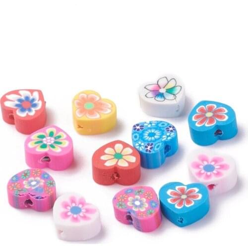 1000pcs Heart Beads Handmade Polymer Clay Beads Heart with Flower Pattern Spacer Beads for Jewelry Girl Bracelet Necklace Making