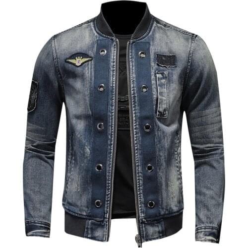 Chaqueta vaquera de estilo europeo para hombre, Chaqueta vaquera azul de piloto con parche de cuello alto, abrigo informal para