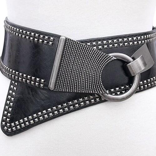 DKBLINGS Ladies Elastic wide waist seal black fashion rivets punk wind with a wide belt dress adornment belt waist seal