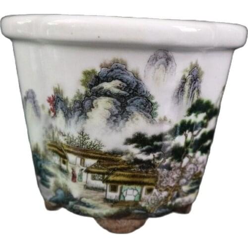 China Old Porcelain Pink Landscape Pattern Plum Flower Pot