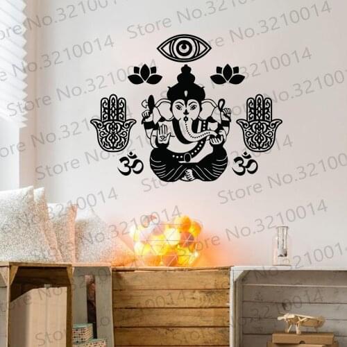 Ganesha Hamsa Hand Lotus Flower Om Wall Decal Home Decor Art Sticker Vinyl Bedroom Room Teen Yoga Meditate Zen PW540