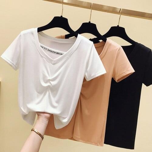 GGRIGHT Camisetas Mujer 2020 Summer Solid Letter T-shirt Women Black Slim Tshirt Korean Clothes Sexy V-Neck Tee Shirt Femme