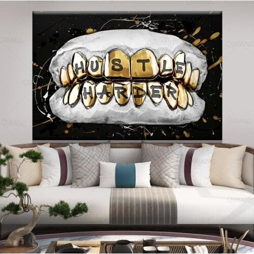 Black Gold Hustle Harder Motivational Art Canvas Painting Teeth Wall Art Posters Prints Wall Art Picture for Living Room Decor