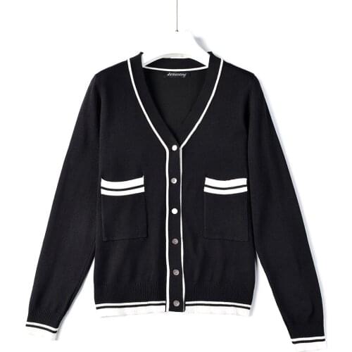 Classic Black and White V-neck Jacket Fashion All-match Loose Long-sleeved 2020 Autumn Womens Single-breasted Top Coat