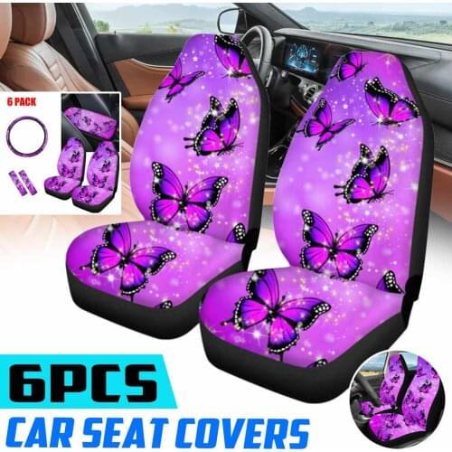 3D Butterfly Car Seat Cover Set Universal Print Back Steering Wheel Cover Set Coche Car Mats Auto Car Accessorie