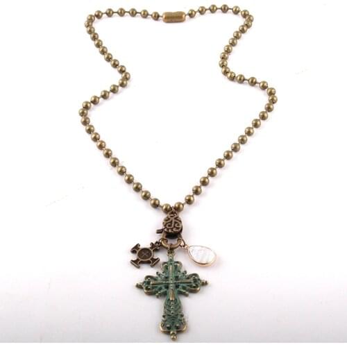 Fashion Jewelry 60cm Beads Chain Stone and Cross Necklaces Women Ethnic Necklace
