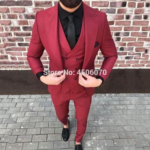 Burgundy Mens Suits Slim Fit Wedding Tuxedos Casual Business Bridegroom Suits Groom Wear Peaked Lapel Costume Homme 3 Pieces