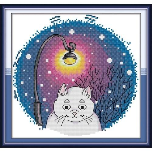 Joy Sunday New Arrival Blue White Cat Animal Pattern Chinese Cross Stitch Printed Canvas Embroidery Needlework Sets Home Decor