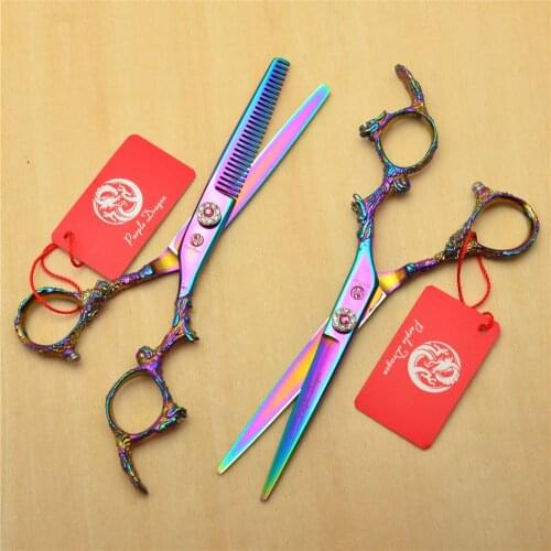 2Pcs 6'' 17.5cm Purple 440C Professional Human Hair Scissors Hairdressing Shears Cutting + Thinning Shears Dragon Carving Z9005