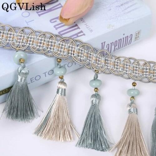 QGVLish 12M Jade Bead Curtain Tassel Fringe Lace Trim DIY Sewing Sofa Stage Cushion Curtain Accessories Lace Ribbon Belt Trims