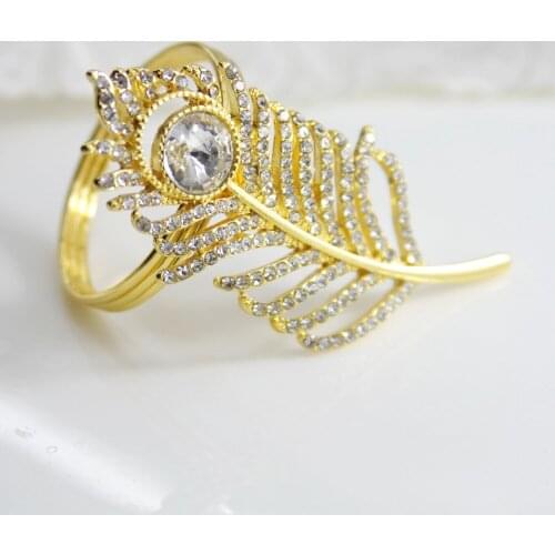 Qn19012203 free shipping gold silver feather with crystals napkin ring wedding holiday decoration , cheap napkin holder 12pcs