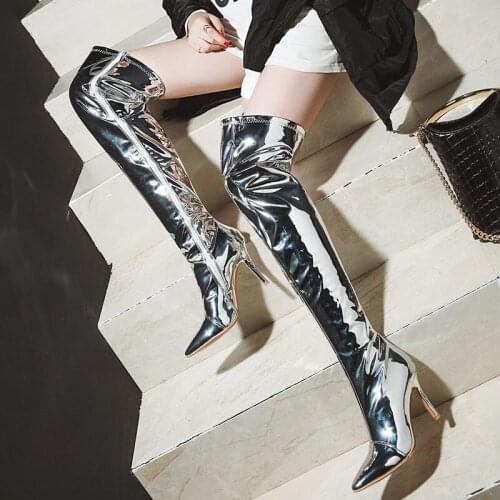 Fashion Autumn Winter Thigh Boots Ladies Mirrored Patent Leather Zipper Shoes Pointed Toe Stiletto High-Heel Large Size Boots