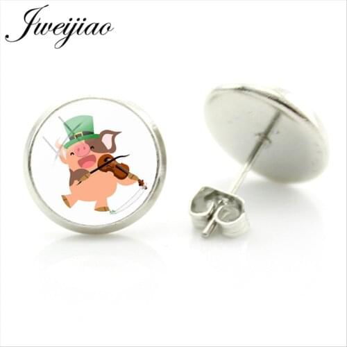 JWEIJIAO Cute Pig Ear Stud Earrings Play the violin Animal Happy Pig Earrings For Women Girl Kids Gift DIY Jewelry PG47