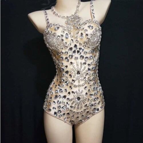 Sexy Stage Sparkly Bright Silver Rhinestones Bodysuit Big Stones Birthday Evening Outfit Nightclub Women Singer Dance Bodysuit