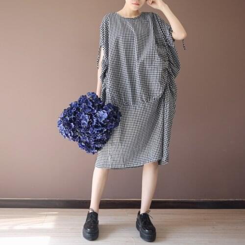 Vintage cotton black and white lattice pleated pullover dress female 20200206