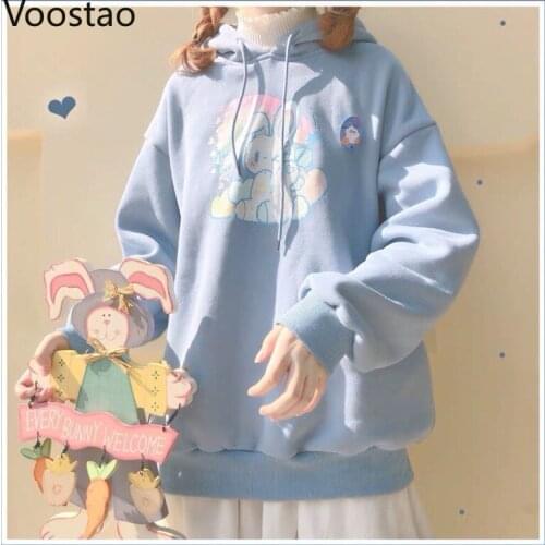 Japanese Sweet Hoodies Girls Cute Rabbit Print Sweatshirt Y2K Clothes Women Spring Autumn Korean Loose Pullover Hooded Coats
