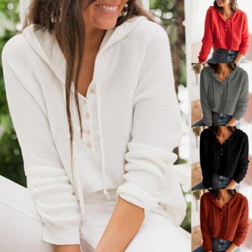 2021 Women Loose Blouse Single-breasted Pullover Knitwear Hooded Basic Solid Color Knitting Top for Daily Wear Casual Pullover