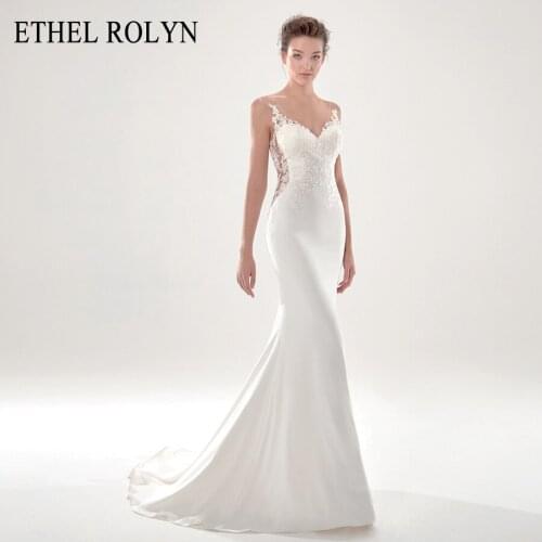 ETHEL ROLYN Mermaid Wedding Dress 2021 Elegant Backless Lace Appliques Soft Satin V-neck Sleeveless Bride Gowns Robe De Mariee