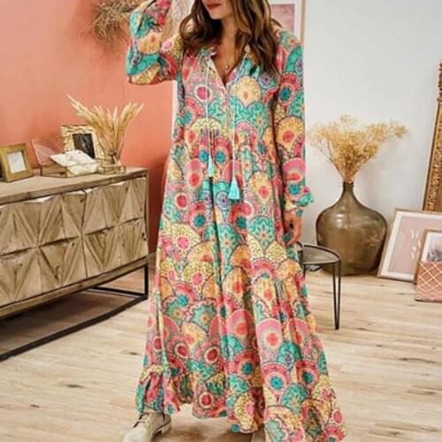 Boho Dress 2021 Autumn Women Floral Print Long Sleeve Maxi Dresses Spring V Neck Tassel Retro Long Party Dress Harajuku Vestidos