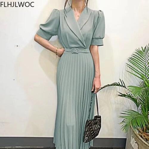 Women New Chic Korea Design Elegant Summer 2021 Pleated Feminine Vestidos Retro Vintage Korean Style Solid Long Belt Dress