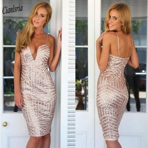 Gold Sparkly Sequined Knee-Length Sheath Cocktail Dresses Backless Spaghetti Strap Short Prom Party Homecoming Dress