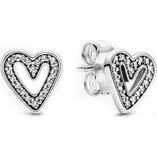 2021 New Free Shipping Authentic 925 Sterling Silver Sparkling Freehand Heart Stud Earrings For European Women DIY Jewelry