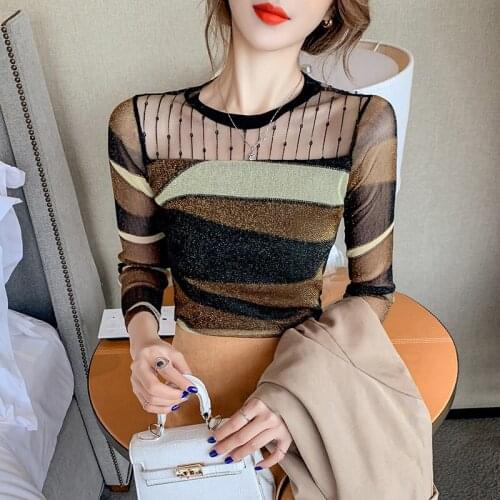 #8552 Skinny Transparent Mesh T Shirt Women Hollow Out Sexy Basic T-Shirt Female Long Sleeve Short Women T-shirt Thin O Neck