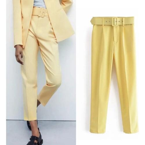 Za Women Spring 2021 Trousers For Female Brown High Waisted Pants Summer Womens Belt Pencil Pants Office Button Casual Pant