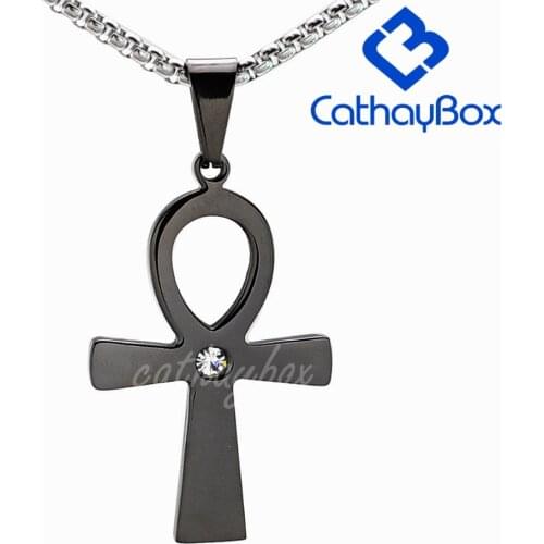 Gold Black Sliver Tone Stainless Steel Egyptian Coptic Ankh Cross Pendant SS Chain 60cm Long
