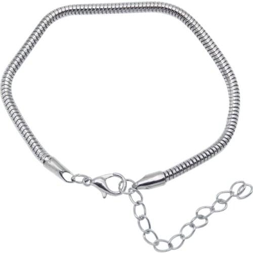 Julie Wang 3mm Snake Chain Bracelet Fit Big Hole Beads Silver Color Adjustable Women Men DIY Jewelry Making Accessory