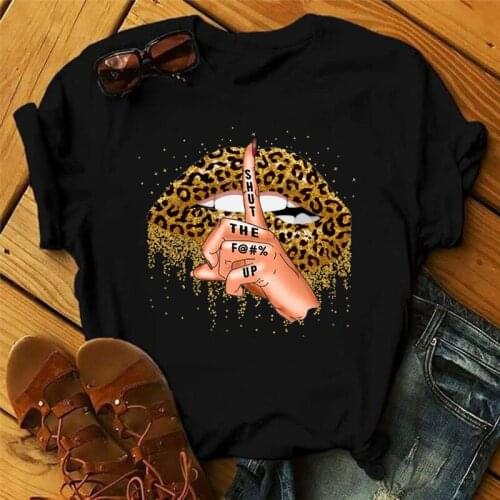 FIXSYS Fashion Leopard Lips Printed T Shirt Women Summer Short Sleeve Lips T-shirt Black Tees Shirt Harajuku Korean Street Tops