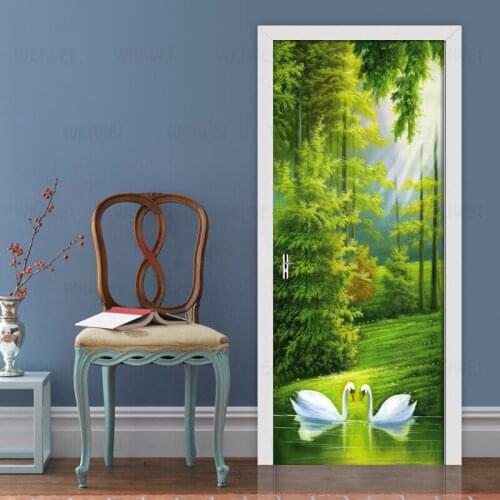 Lake View Swan Oil Painting 3D Door Sticker PVC Waterproof Self-adhesive Wallpaper Wall Stickers Living Room Door Decor Decals