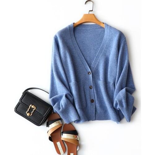 Korean fashion deep v neck cashmere wool cardigan women knitted buttons long sleeve outerwear high quality pocket sweaters