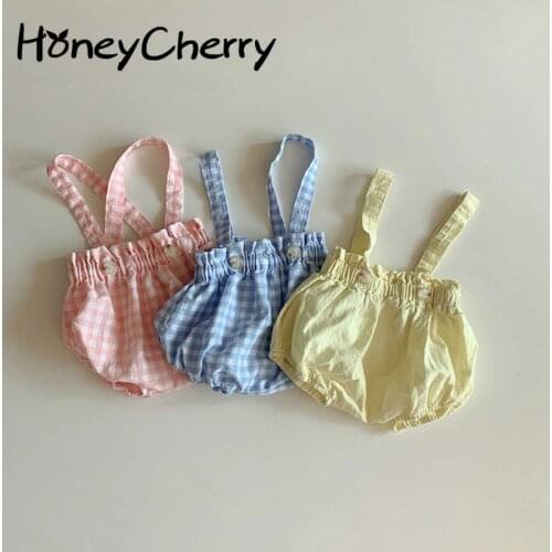 Summer Babys Lovely Back Belt Pants Triangle Romper Baby Casual Plaid Creeper Kids Jumpsuit