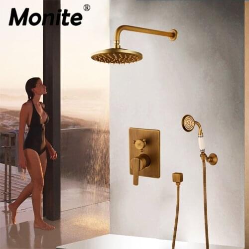Monite Matte Black Bathroom Bath Shower Faucet Wall Mounted Hand Held Antique Brass Rainfall Shower Head Kit Shower Faucet Sets