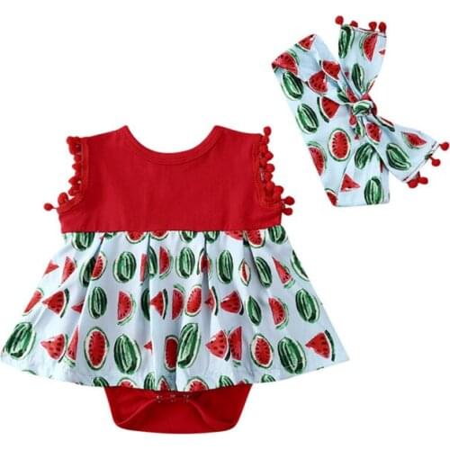 Fashion Newborn Baby Girls Summer Clothing Watermelon Print Ruffles Sleeveless Romper Jumpsuits Headband Cotton Outfits Clothes